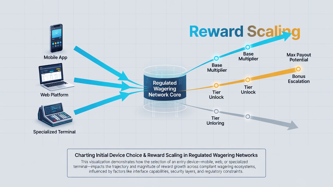 Illustration of device pathways affecting bonus multiplier growth in wagering networks