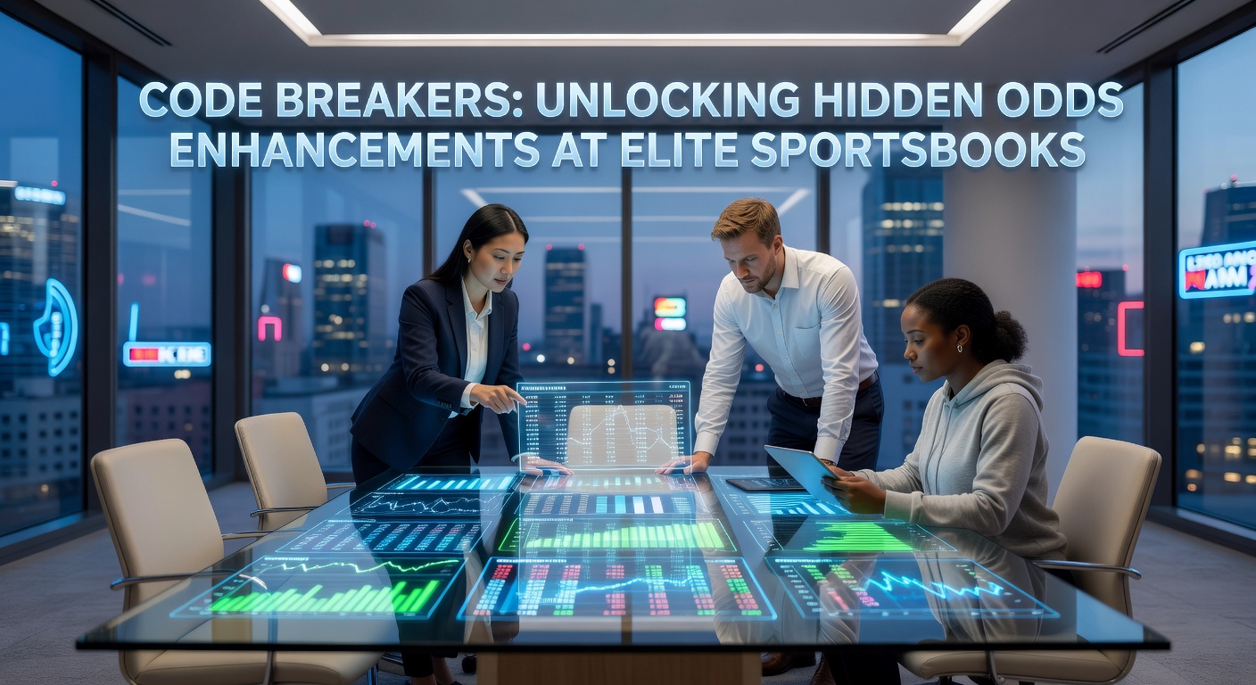 Digital code matrix overlaying a sportsbook odds screen, symbolizing hidden enhancements in betting lines