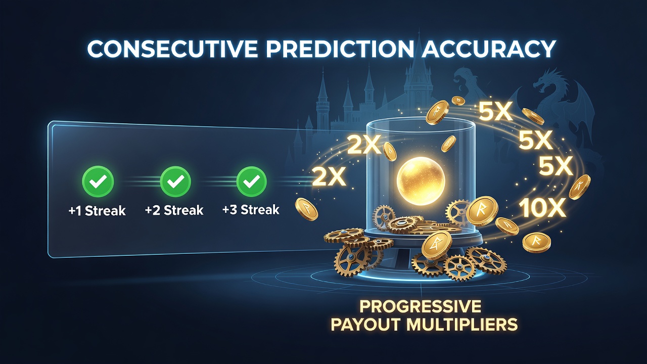 Fantasy-integrated wagering dashboard showing consecutive prediction streaks and multiplier progression indicators