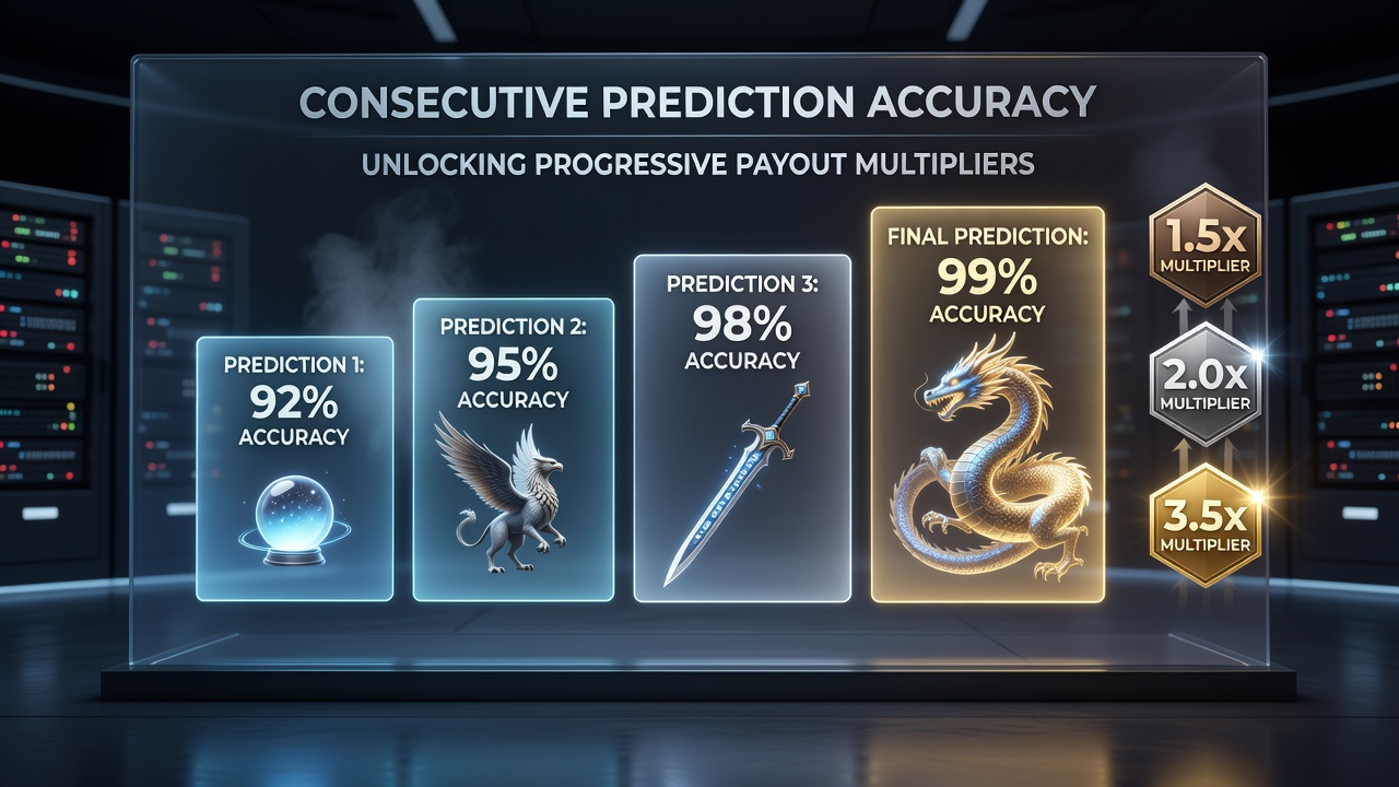 User interface displaying progressive payout multiplier ladder tied to prediction accuracy streaks