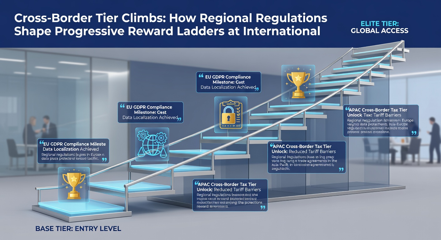 Screenshot-style graphic showing tier progression dashboard with regional compliance flags on an international platform interface