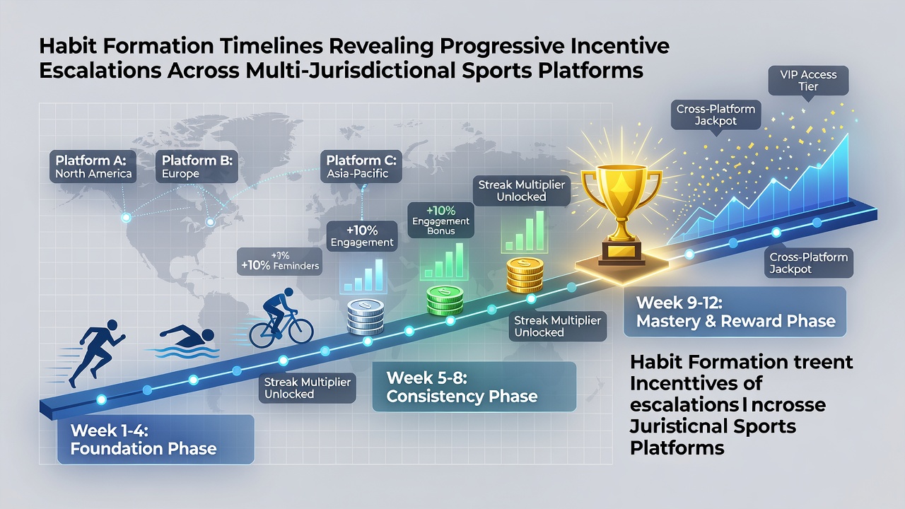 Timeline graphic showing habit formation stages and incentive escalations on sports betting platforms across different regions