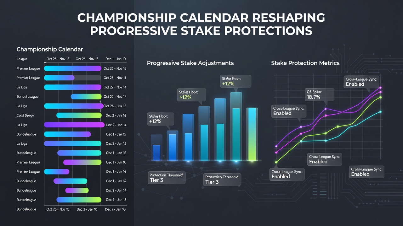 Analytics dashboard showing league calendar integration with progressive stake protection metrics across multiple sports
