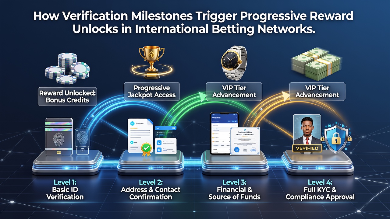 Verification process diagram showing milestone triggers in international betting networks