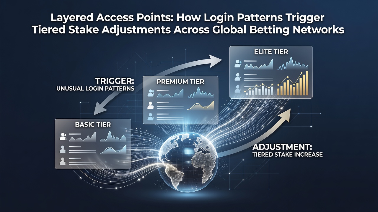 Diagram showing login frequency data flowing into tiered stake adjustment algorithms across international betting platforms