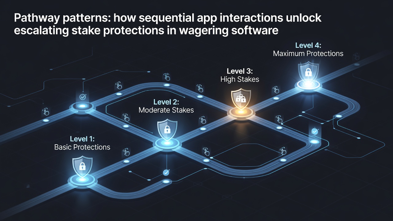 Illustration of sequential user pathways in wagering apps showing progressive stake protection tiers