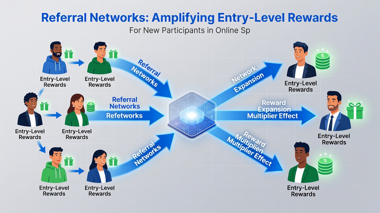 Network graph illustrating referral connections and reward amplification stages for new sports market entrants