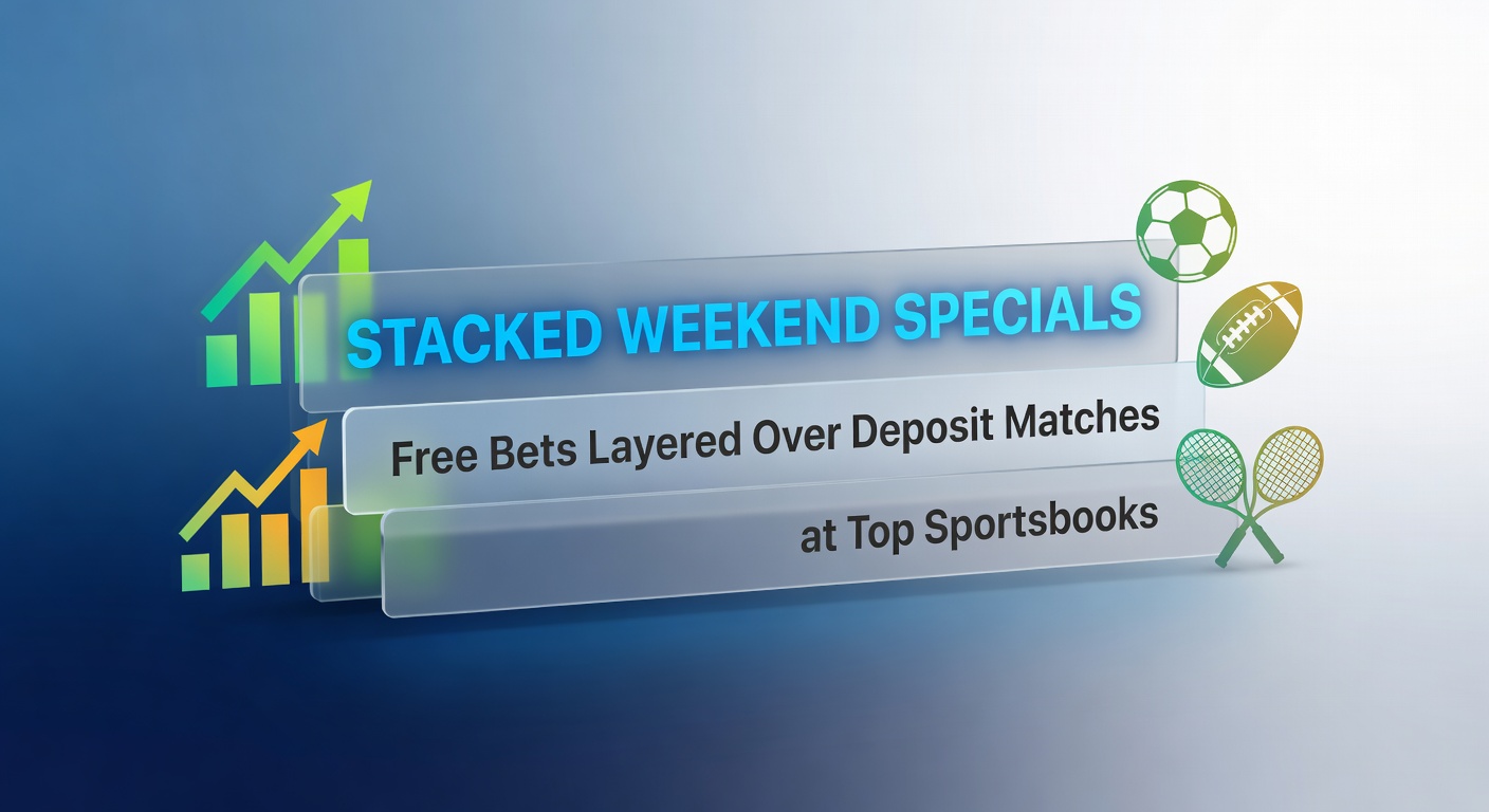 Close-up of a mobile sportsbook app displaying a stacked promotion: deposit match confirmation with overlaid free bet token for weekend soccer matches
