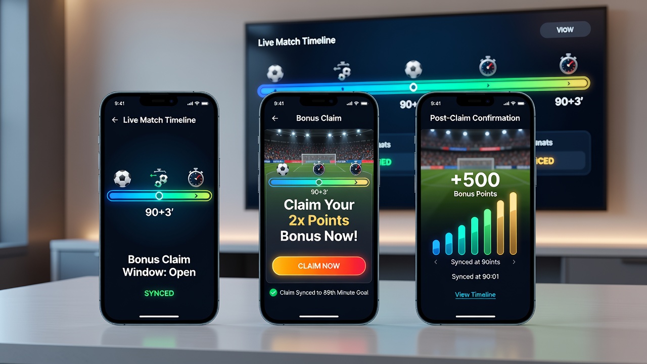 Close-up view of mobile betting app displaying live match timeline with active bonus claim indicators