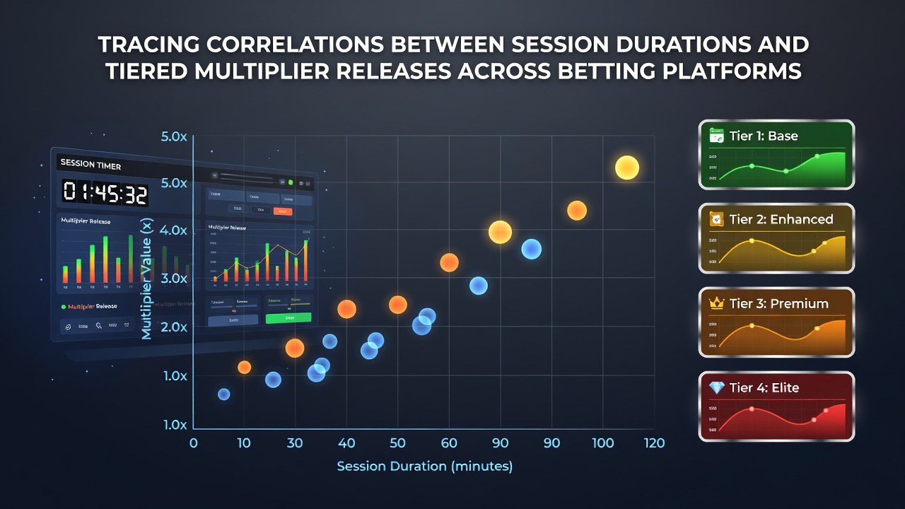 Data visualization showing session length patterns alongside tiered multiplier unlock timelines on multiple betting interfaces
