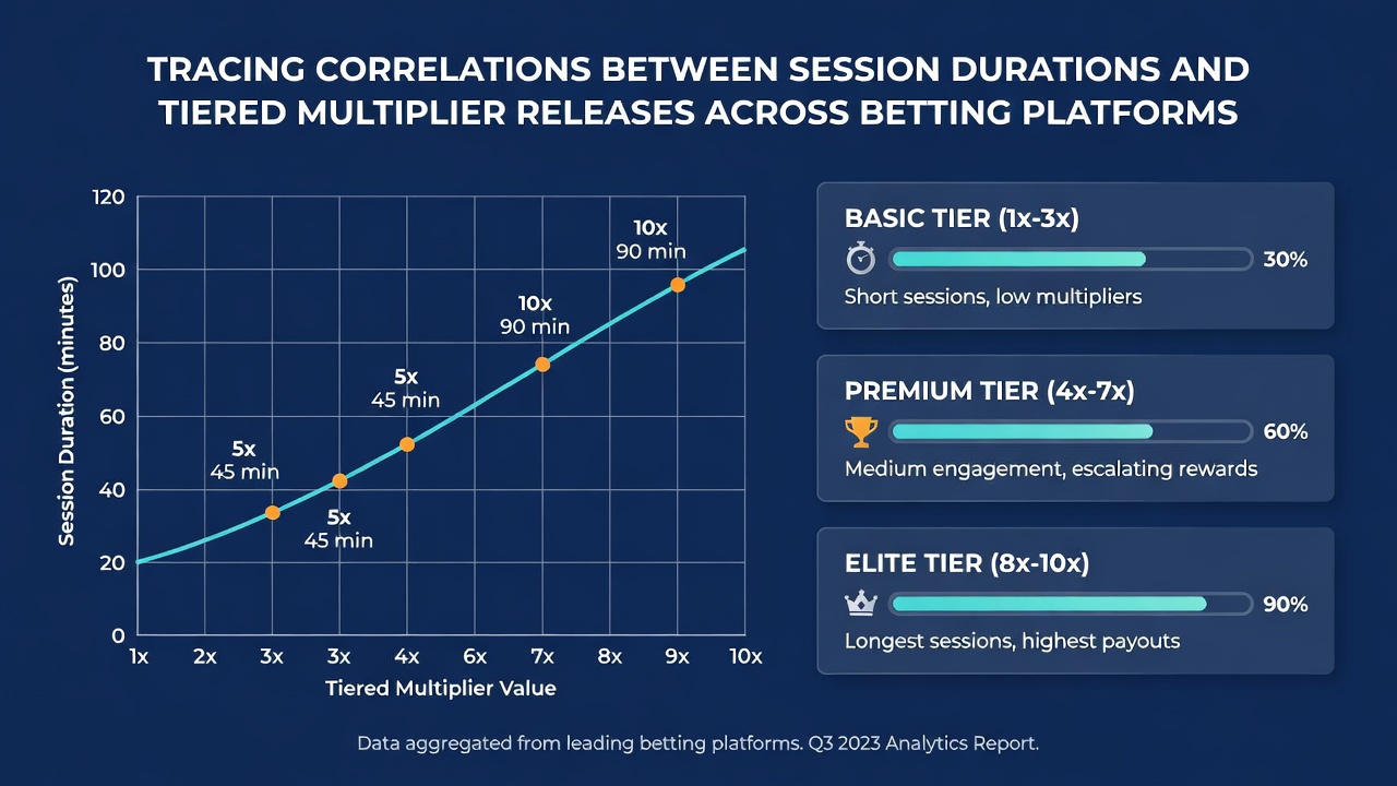 Heatmap illustrating average session durations plotted against frequency of tiered multiplier activations over monthly intervals